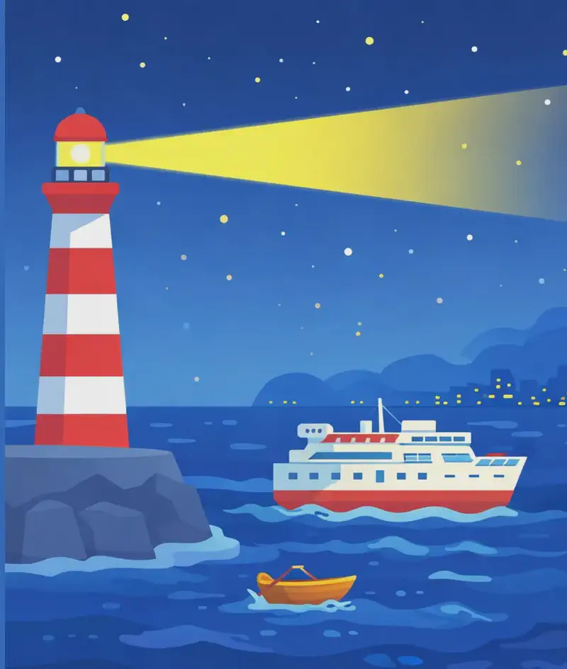 A nighttime coastal scene with a tall red-and-white striped lighthouse on a rocky ledge on the left side, its powerful beam sweeping across the dark waves and starry sky. On the right side of the image, a large white-and-red ferry sails past on dark blue choppy waters, while a little wooden rowboat bobs nearby. A distant city skyline with twinkling lights is faintly visible along the horizon.