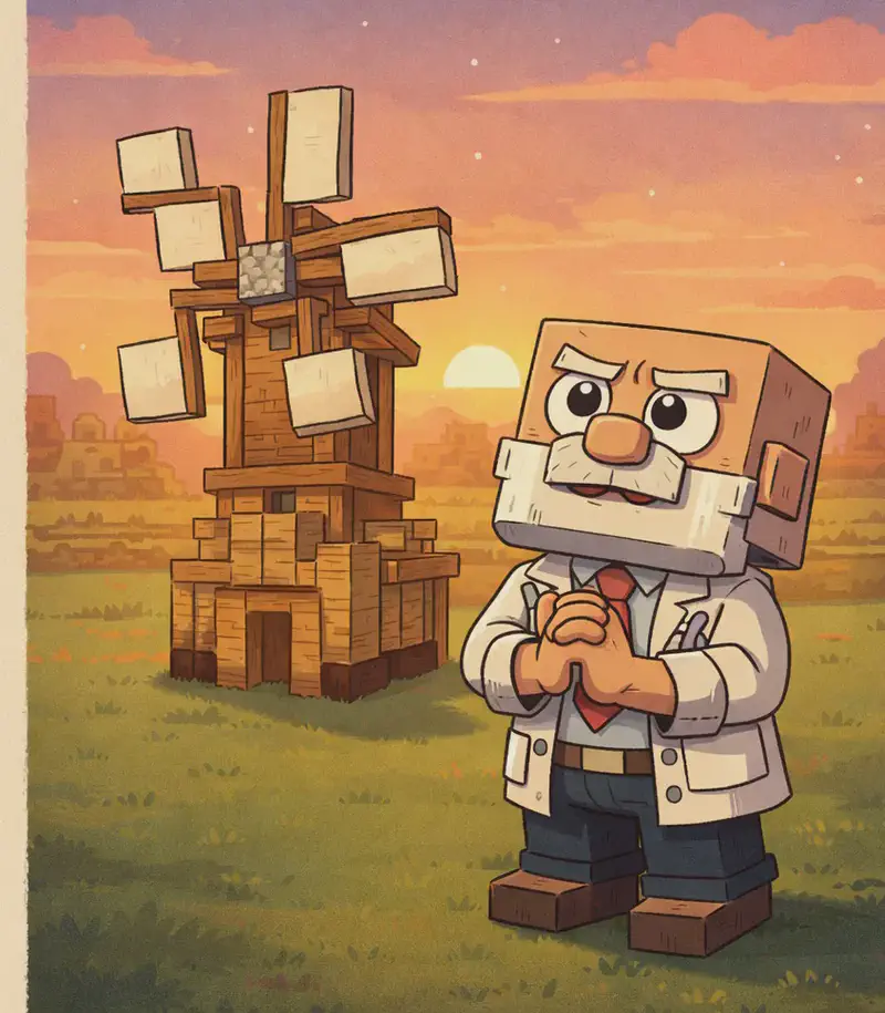 On the right side of the image, the completed wooden windmill stands tall on a green grassy area, with its sails in place atop a sturdy tower structure. In the foreground to the right of the windmill, Dr. Can Do stands facing the viewer at a three-quarter angle, staring upward at the evening sky while wringing his hands together with a worried, anxious expression. The scene is set outdoors under a warm orange-pink evening sky with the sun low on the horizon, and a landscape of houses and trees visible in the background. The left side is a plain beige panel reserved for text.