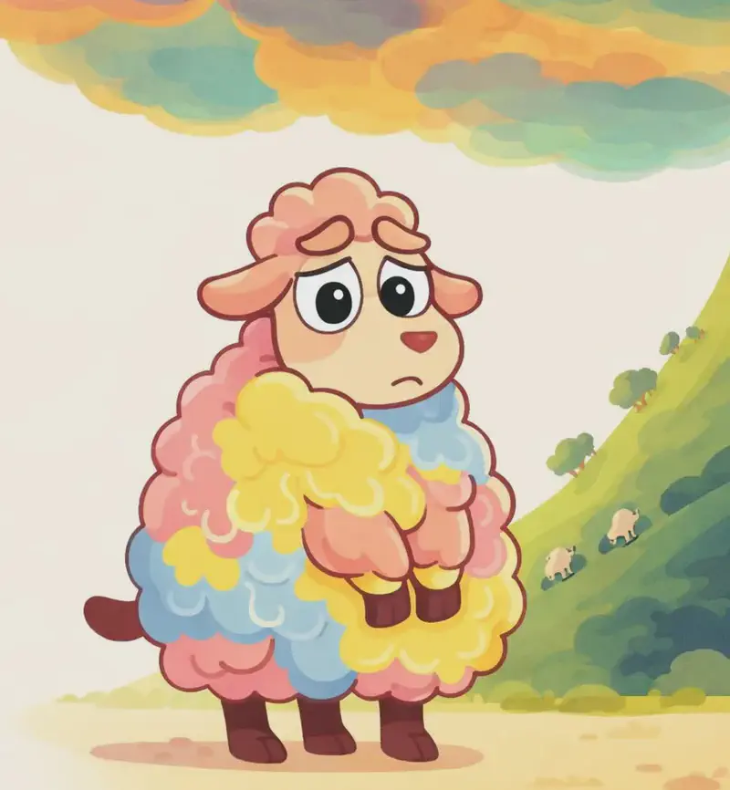 On the right side of the image, Rose stands facing the viewer with a worried, downcast expression, looking large and heavily woolly, her fleece in pastel patches of pink, yellow, and blue. In the background on the far right, a green hillside slopes upward with small trees and small silhouettes of other sheep grazing on it. Colorful clouds in warm oranges, teals, and golds billow across the upper right of the scene, and the left side remains open, pale cream sky.
