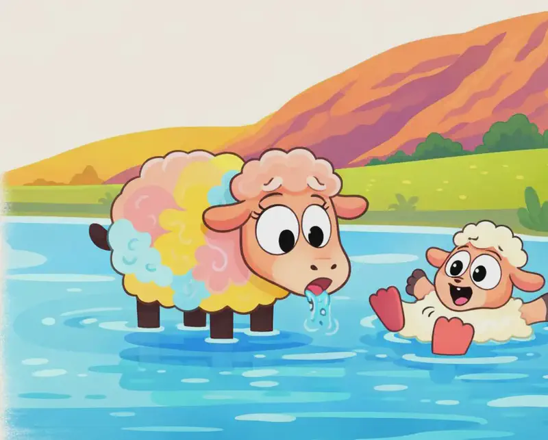 On the right side of the image, Rose stands in shallow water looking surprised, her large woolly body partially submerged as she stops for a drink. A smaller sheep friend is swimming energetically in the water to the right of Rose, floating on her back with little red flippers on her feet, looking cheerful and relaxed. The scene is set outdoors beside a pond or lake, with rolling hills in warm yellow and reddish-brown tones in the background and green grassy banks along the water's edge.