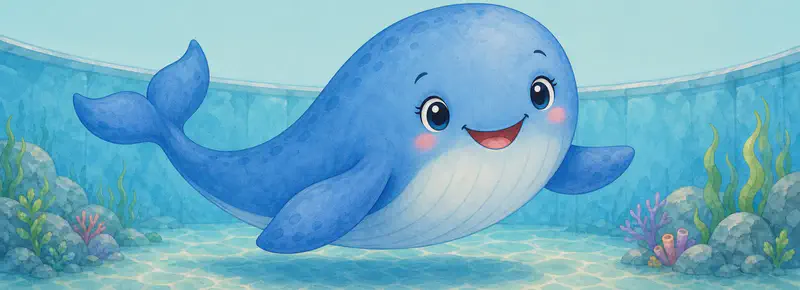 Introduce Berta. Show her full body swimming gracefully in the clear water of the nature park's whale pool, flippers and great tail clearly visible. Mood: calm, welcoming, gentle.