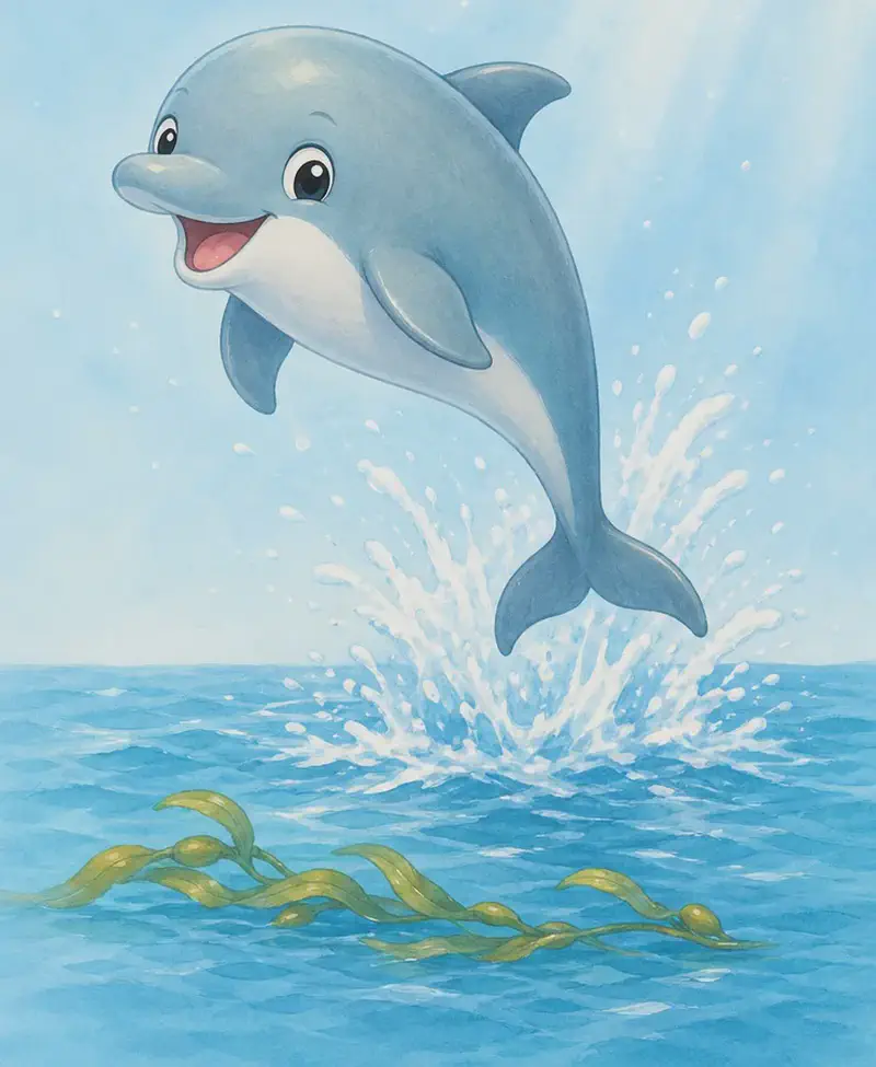 Daniel the dolphin shown joyfully leaping above the water, suggesting the love of leaping just described. A wisp of seaweed floats at the surface to nod to the diet. Mood: lively, joyful introduction of the best-friend dolphin.