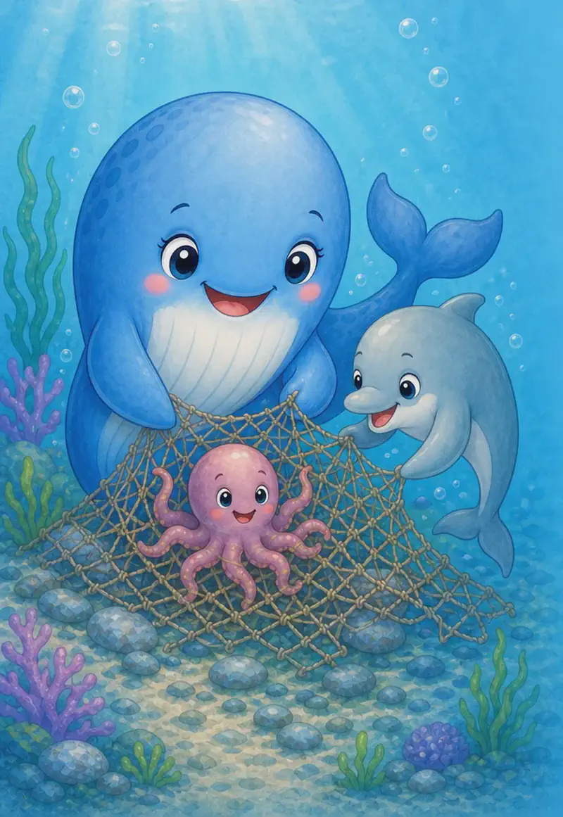 Berta and Daniel side by side underwater in the open sea, gently tugging at a tangled fishing net to free a small octopus inside. Both look cheerful and determined. Mood: kindness, teamwork.