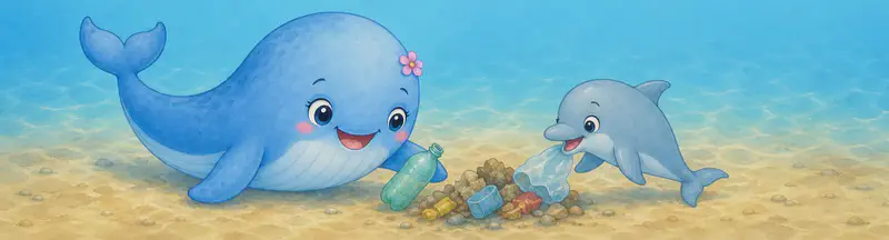 Berta and Daniel together near the sandy sea floor, gathering an empty bottle and a piece of plastic in their mouths/flippers and pushing them into a small pile in the sand. Both look caring and focused. Mood: helpful environmental stewardship.