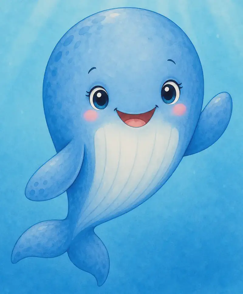 A heartwarming close-up of Berta with a gentle, kind smile, swimming peacefully in clear blue water — perhaps gently waving a flipper. Mood: warmth, kindness, the closing feel-good page.