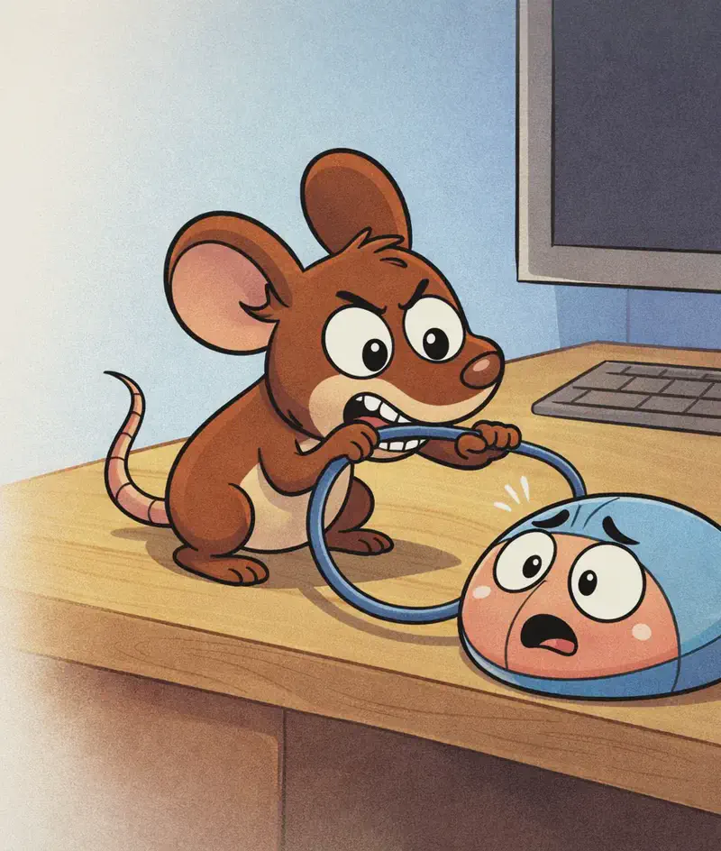 On the right side of the image, Tik crouches on the wooden desk near the keyboard, leaning forward with a determined expression, biting down on a computer cable with both front paws gripping it. At the other end of the cable, Klik — the small, round computer mouse with a cute face on its pink front panel and smooth light blue shell — sits on the desk, reacting with a surprised, pained expression as its cord is bitten. The background shows the indoor desk setup with the computer monitor and soft blue-toned wall lighting.