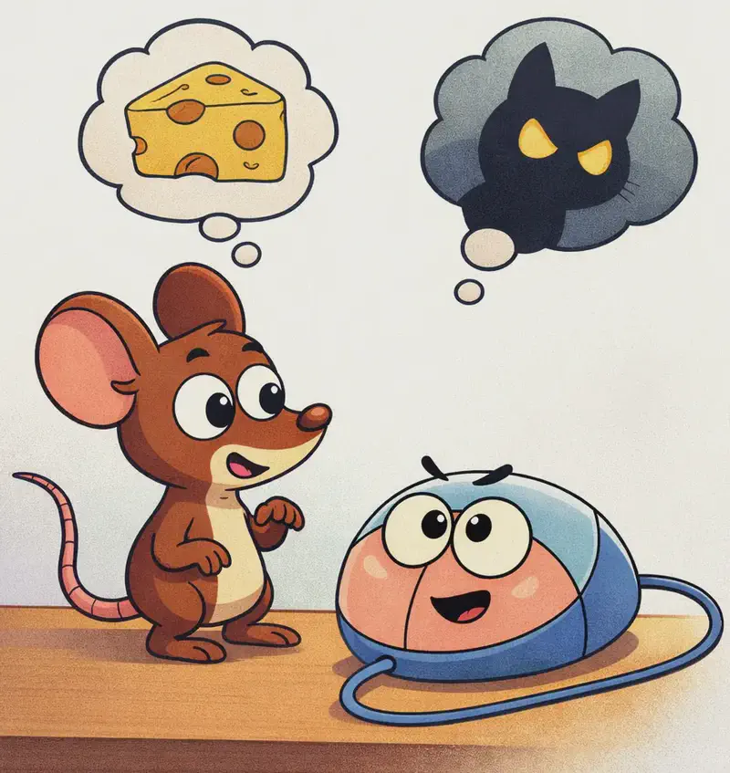 On the left side of the image, Tik stands on the wooden desk beside Klik — the small, round computer mouse with a cute face on its pink front panel and a smooth light blue shell, with a cord trailing behind — looking at Klik with a hopeful, slightly worried expression. Above them, two thought bubbles float: one shows a wedge of cheese (representing scouting for food), and the other shows a dark grey cat silhouette with glowing yellow eyes (representing the danger Tik fears). Klik's face looks determined and confident. The scene has soft watercolour lighting against a plain white background, with the right side of the image left clear.