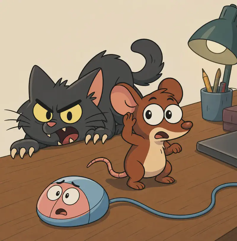 On the right side of the image, Tik stands frozen on the wooden desk, eyes wide with terror, ears perked up, one paw raised as if straining to listen. The Cat's enormous dark grey form peeks up over the edge of the desk, low-crouching with pale yellow eyes glinting and white claws extended, creeping toward Tik with a menacing prowl. Klik — the small computer mouse with its pink face and light blue shell — is visible nearby on the desk, connected by its cord. The indoor setting shows the desk area with soft, tense watercolour tones.
