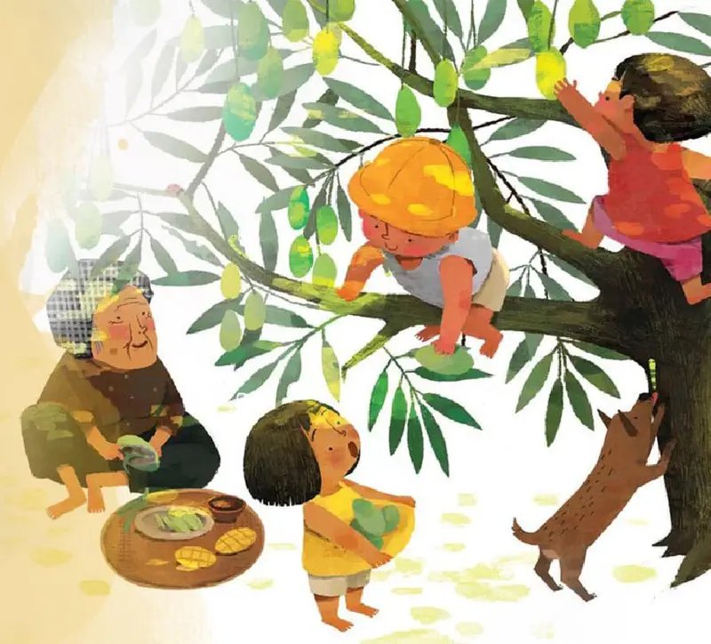 A grandmother watches as children climb a mango tree to pick fruit. A girl in yellow holds mangoes while a dog jumps at the tree base.