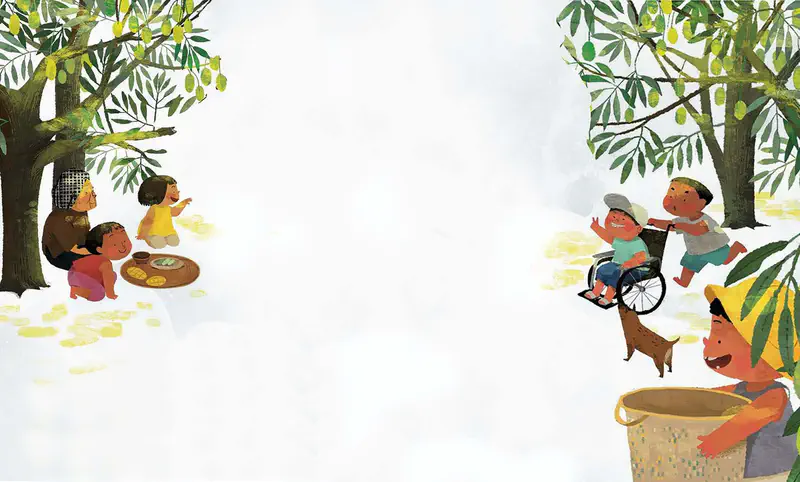 A family enjoys mango harvest time. Grandmother and children eat under one tree while boys play with a wheelchair-user friend under another tree.