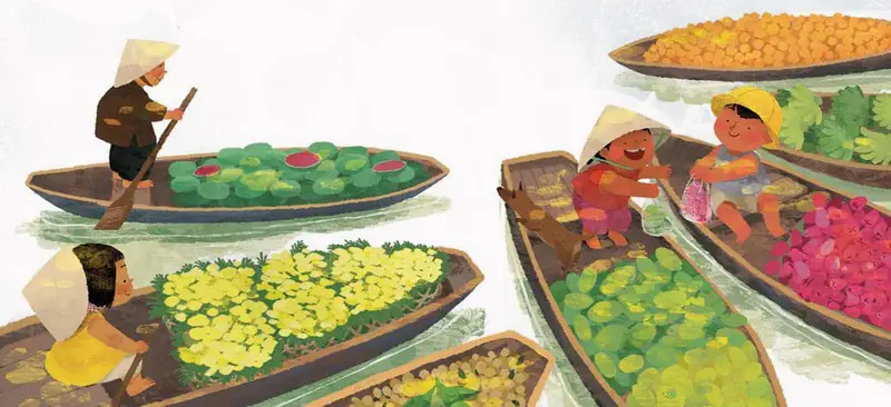 A floating market scene with wooden boats filled with colorful produce. Vendors in conical hats paddle boats of flowers, fruits, and vegetables.