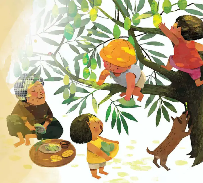 Children pick mangoes from a tree while grandmother eats nearby. A girl in yellow carries fruit, a boy in orange sits on a branch, and a dog jumps excitedly.