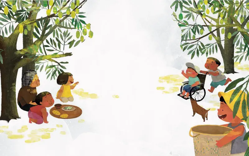 A family scene under mango trees. Grandmother and children enjoy fruit on one side while boys play, including one in a wheelchair, with a dog nearby.
