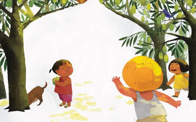 Children in a mango orchard. A girl in red holds fruit with a dog, a boy carries a huge mango on his back, and another girl runs happily nearby.