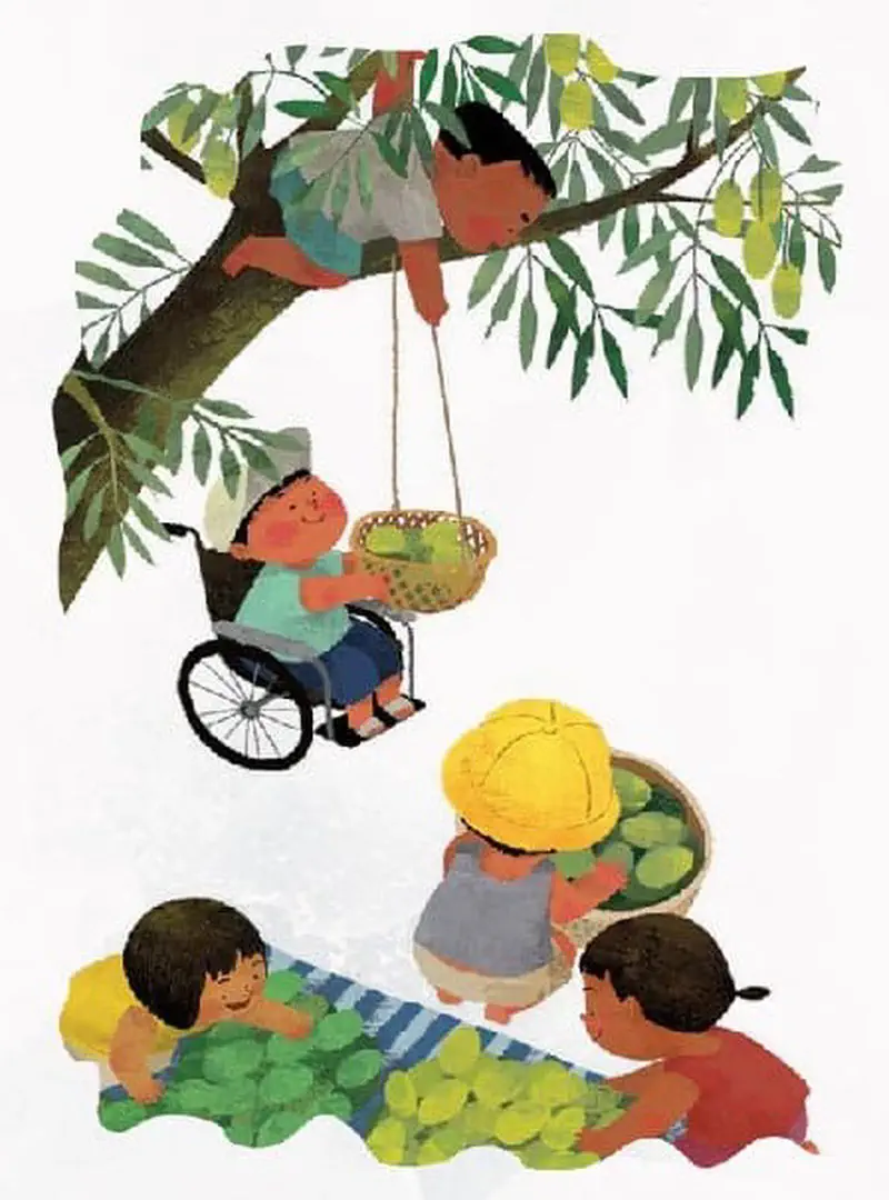 Children work together harvesting mangoes. A boy in a tree lowers a basket to a friend in a wheelchair while others sort fruit on a blanket below.