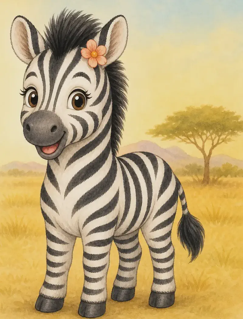 Introduce Celia. Show her full body in a clear, friendly standing pose so the reader can clearly see her horse-shaped body and her black-and-white stripes. Setting: a soft savanna-style grassland background suggesting Africa, with low grass and a warm sky. Mood: welcoming — the reader's first look at the main character.