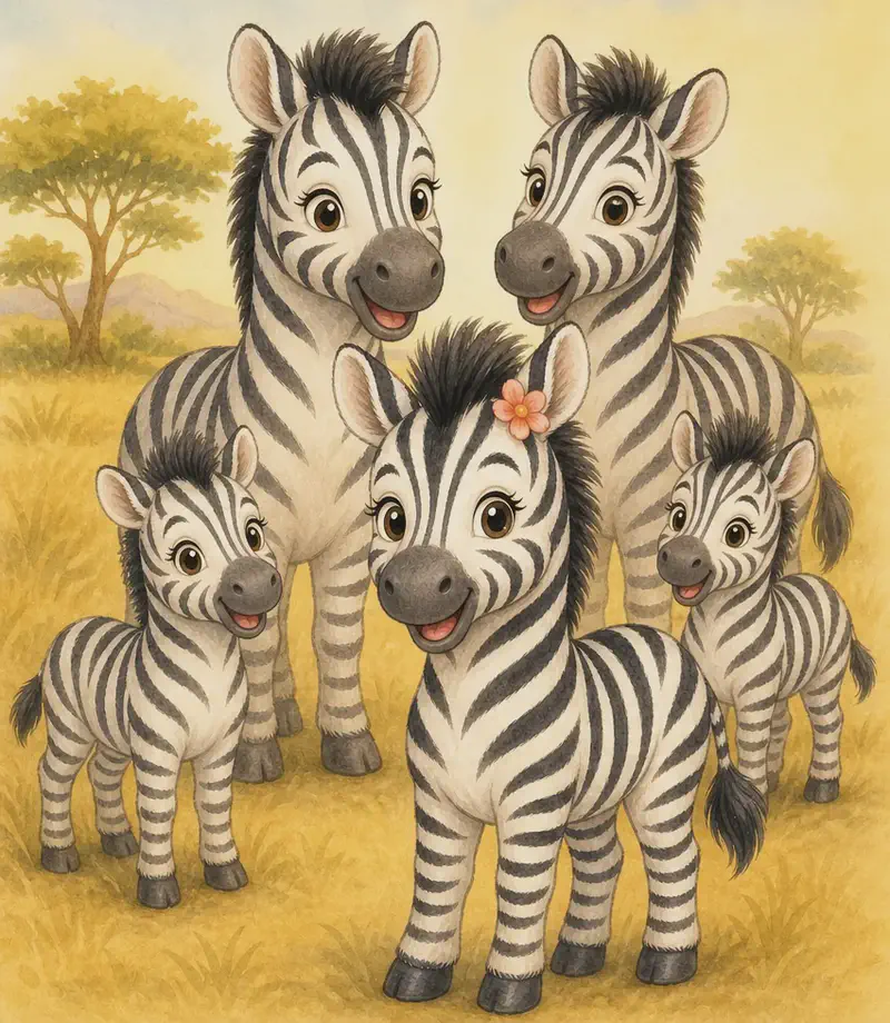 Celia stands at the front of a small herd of zebras (a few adults and a couple of smaller young ones grouped close behind her) in the nature park. The atmosphere is happy and settled — Celia looks content and at home with her family.