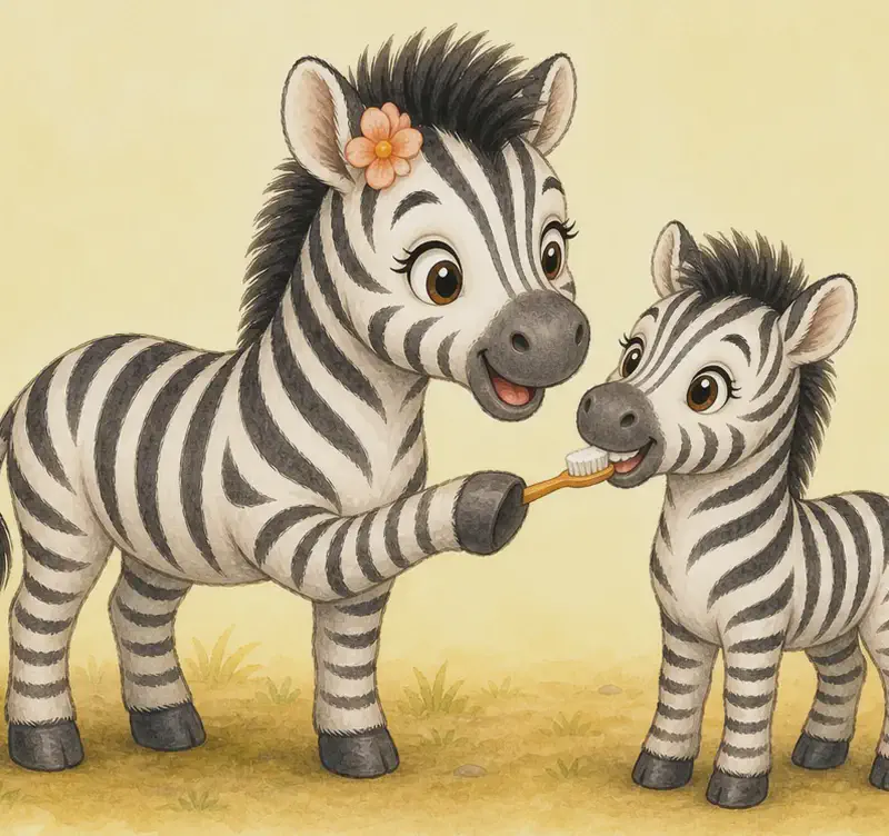 Early morning. Celia is gently brushing a small younger zebra sibling — holding a soft toothbrush at the sibling's mouth, with a thick-bristled mane brush visible nearby. The sibling looks calm and cared-for. Soft early-morning light.