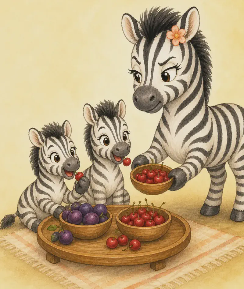 Celia stands next to a low breakfast setup with bowls of cherries and plums she is serving to her younger siblings. Her expression is noticeably jealous and watchful — slight frown, narrowed gaze — even as she serves them. The siblings eat the fruit. Warm domestic mood undercut by Celia's jealous look.