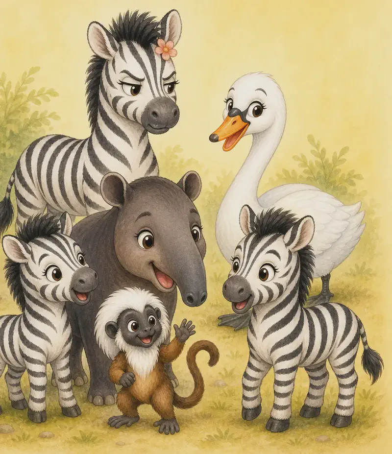In the foreground, the two young zebra siblings Cecilia and Cirilo are happily chatting with Diana the tapir and Mario the monkey. Behind them, Celia watches with a clearly jealous, sour expression. To one side, slightly apart, Ciro the swan stands near Celia as her special friend. Park setting.