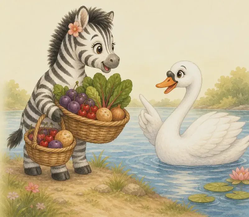 Celia carries a basket (or two) brimming with plums, leafy green chard, small bread rolls, onions, and ripe red cherries up to Ciro the swan at the lakeside. Ciro looks at her gently but seriously, as if speaking advice. Celia's expression is attentive and a little chastened.