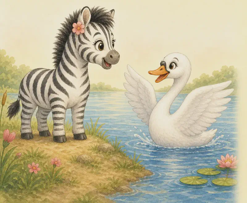Ciro the swan flaps his wings happily as he sees Celia approach. Celia looks at Ciro with a warm, gentle smile — she has clearly taken his advice to heart. Lakeside setting; the mood is joyful and friendly — a satisfying closing page.