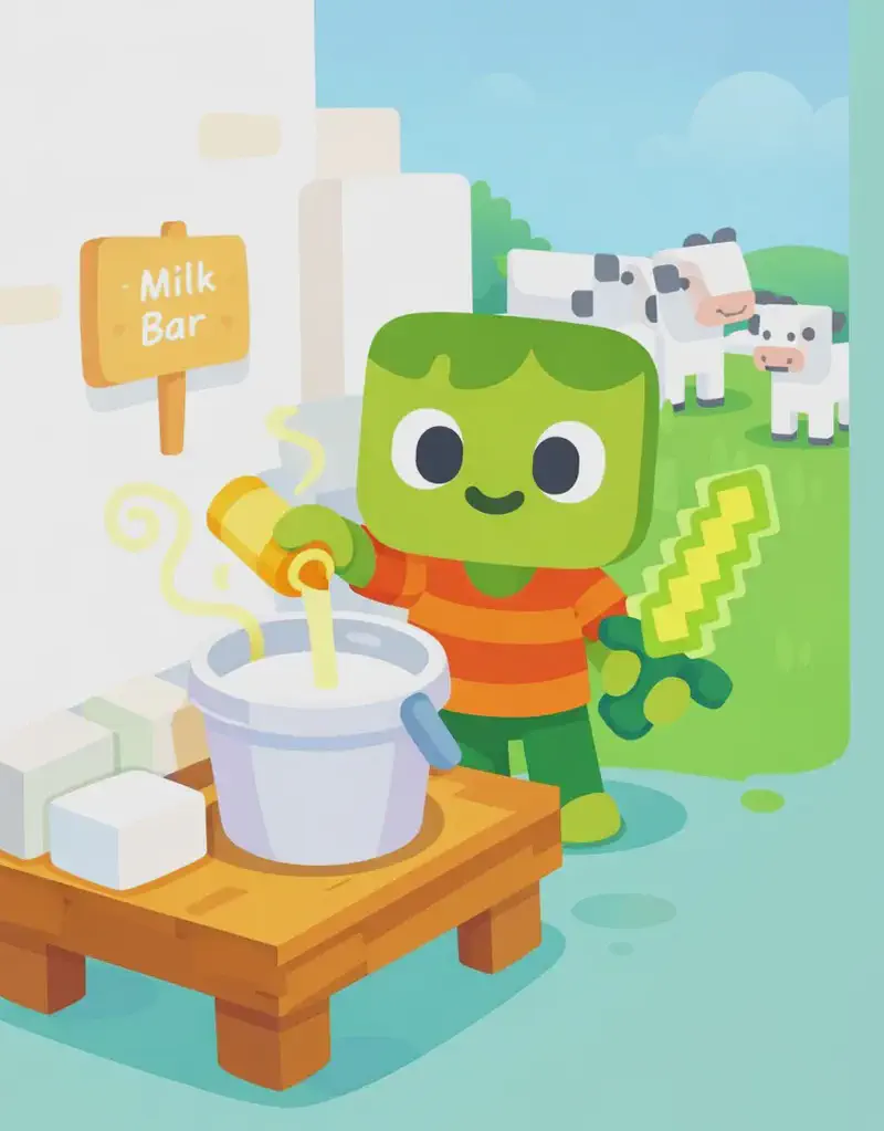 On the left side of the image, Zom stands behind a wooden table outdoors, facing the viewer with a focused, satisfied expression as he pours vanilla from a golden bottle into a bucket of milk. He has light green skin, darker green messy hair, and wears an orange-and-red horizontally striped t-shirt with dark green pants and bright green shoes, his pixelated light-green sword in his right hand. On the table are white blocks of milk ingredients and the vanilla bottle. A small wooden sign reading 'Milk Bar' is posted nearby. Behind Zom, several white blocky cows stand on a grassy area near a building, set against a bright daytime sky. The air around the milk bar has visible aromatic swirls to suggest the grand smell. The scene has a Minecraft-style blocky aesthetic.