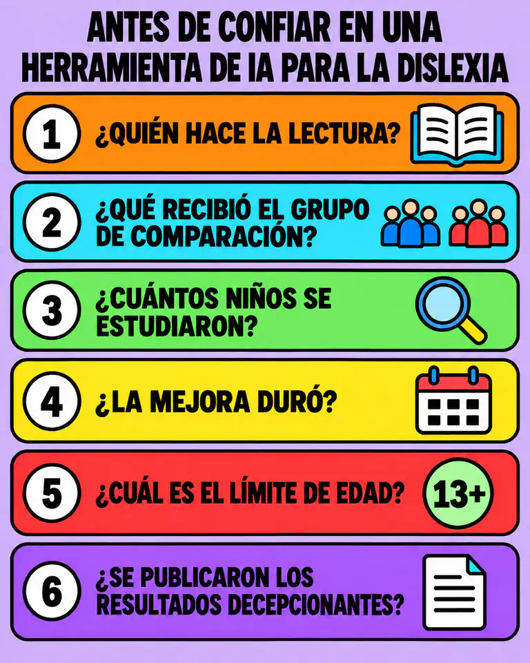 Lista de seis preguntas antes de confiar en una herramienta de IA para la dislexia: quién hace la lectura, qué recibió el grupo de comparación, el tamaño del estudio, si la mejora duró, el límite de edad y si se publicaron los resultados decepcionantes