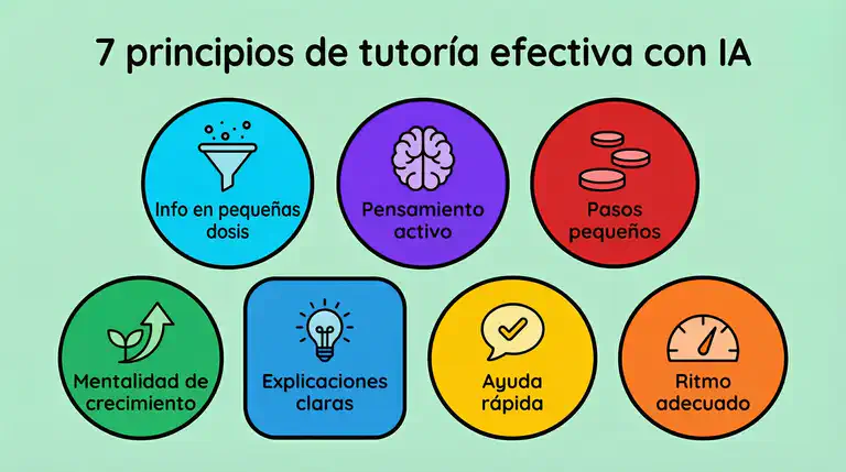 Infografía educativa con siete principios de tutoría efectiva con IA: pensamiento activo, pasos pequeños, ritmo adecuado, ayuda rápida, mentalidad de crecimiento, explicaciones claras e información en pequeñas dosis