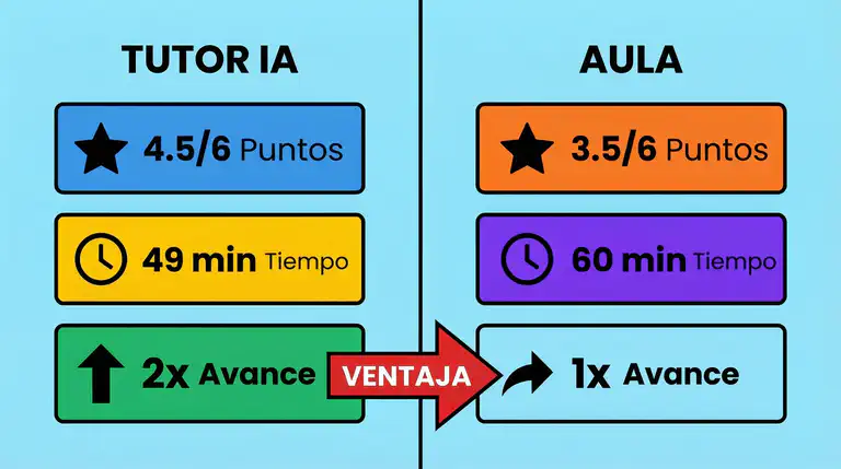 Infografía educativa comparando los resultados del tutor de IA y el aula