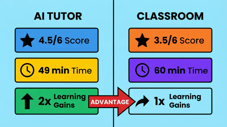 Flat educational infographic comparing AI tutor and classroom learning outcomes side by side