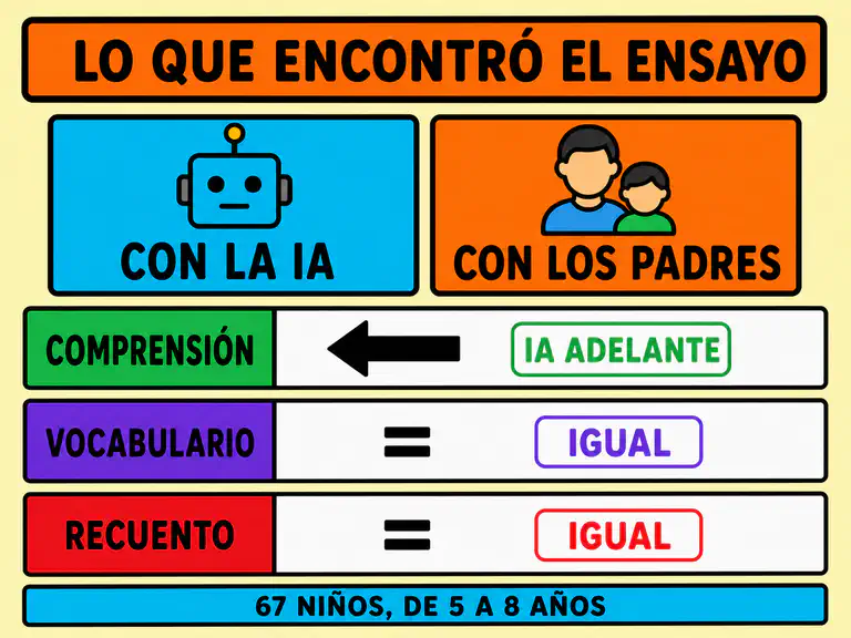 Tabla de resultados del ensayo que compara la lectura con IA y la lectura con los padres en tres medidas: comprensión, donde la IA salió adelante, y vocabulario y recuento, donde los dos grupos quedaron iguales