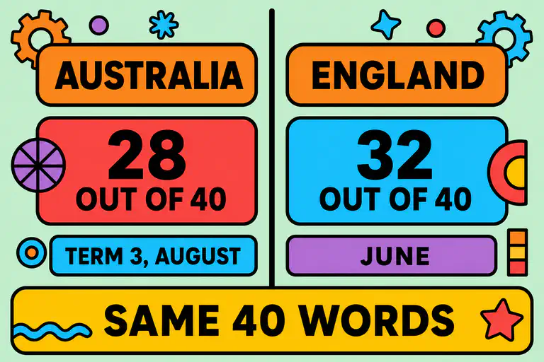 Side-by-side comparison of the Australian benchmark of 28 out of 40 in Term 3 and the English standard of 32 out of 40 in June