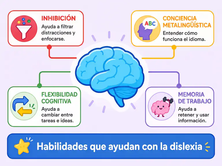 Ilustración mostrando habilidades cognitivas fortalecidas por el bilingüismo