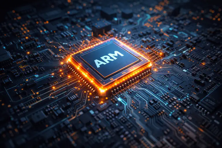 Arm chip glowing on a circuit board