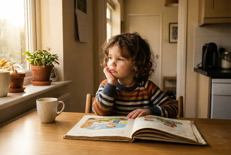 Young child sitting alone with an open book, looking uncertain