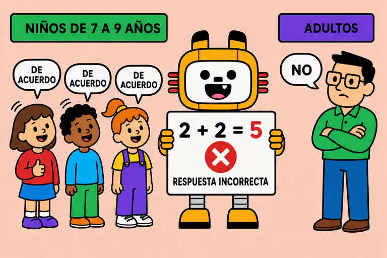Ilustración que muestra a varios niños de acuerdo con un robot que da una respuesta incorrecta, mientras un adulto se mantiene aparte y no acepta