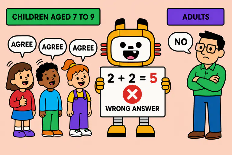 An illustration showing children readily agreeing with a robot while an adult stands apart, unconvinced