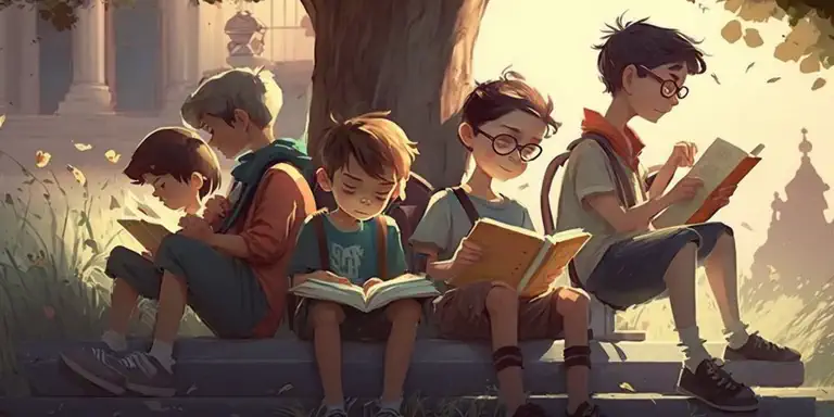 Group of five children sitting outdoors reading books together under a tree