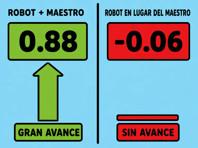 Infografía que compara dos tamaños del efecto: un robot que trabaja junto al maestro con 0.88 y un robot que reemplaza al maestro con -0.06