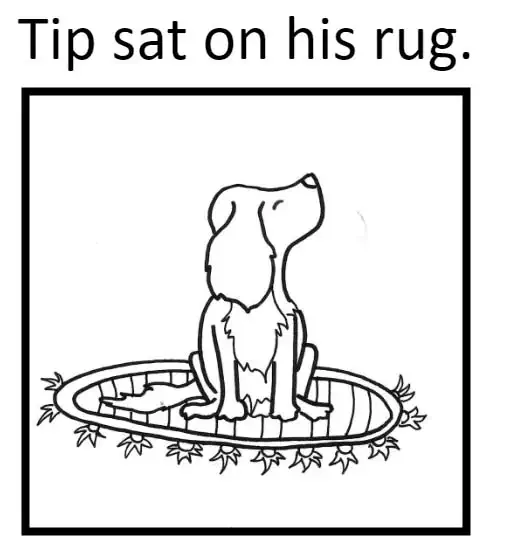 The first page of Tip The Dog with the text &lsquo;Tip sat on his rug. The illustration is of a stubborn dog sitting on his rug.