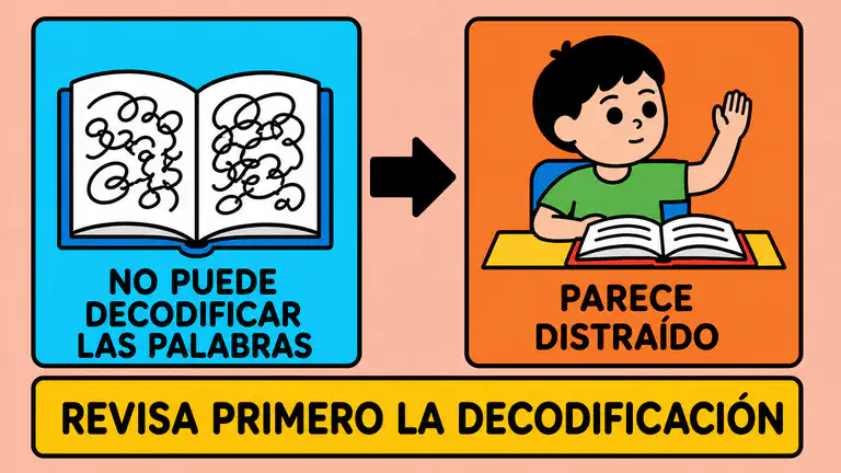 Dos paneles unidos por una flecha, el primero un libro con garabatos enredados y la etiqueta no puede decodificar las palabras, el segundo un niño que mira hacia otro lado con la etiqueta parece distraído