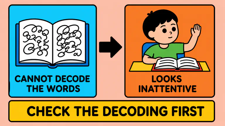 Two panels joined by an arrow, the first a book of scrambled squiggles labelled cannot decode the words, the second a child looking away labelled looks inattentive