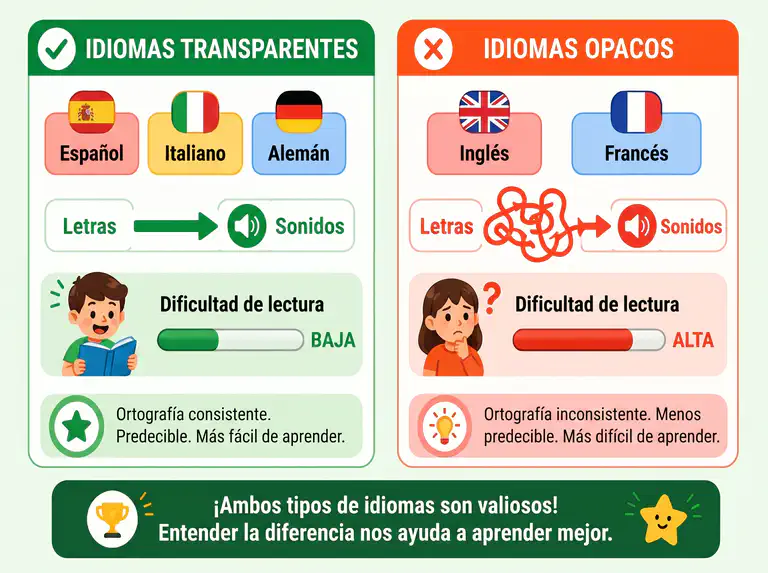 Infografía comparando cómo se manifiesta la dislexia en idiomas transparentes vs opacos