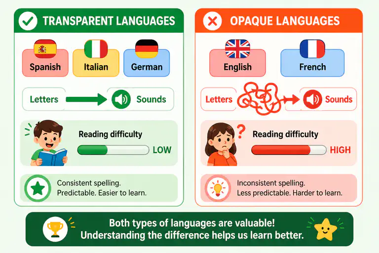 Infographic comparing how dyslexia manifests in transparent vs opaque languages
