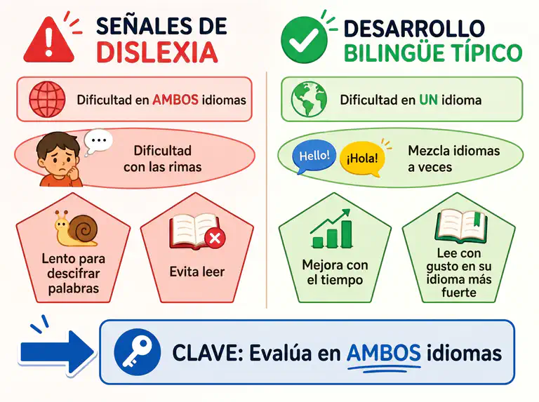 Diagrama mostrando señales de dislexia vs desarrollo lector bilingüe típico