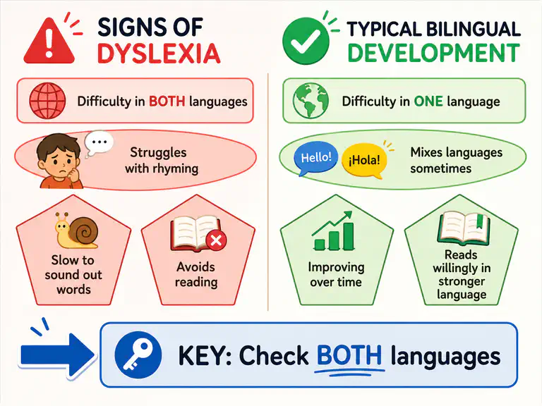 Diagram showing signs of dyslexia vs typical bilingual reading development