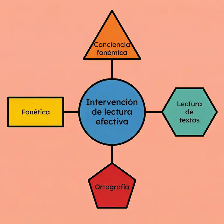 Ilustración mostrando los componentes centrales de intervenciones efectivas para la dislexia