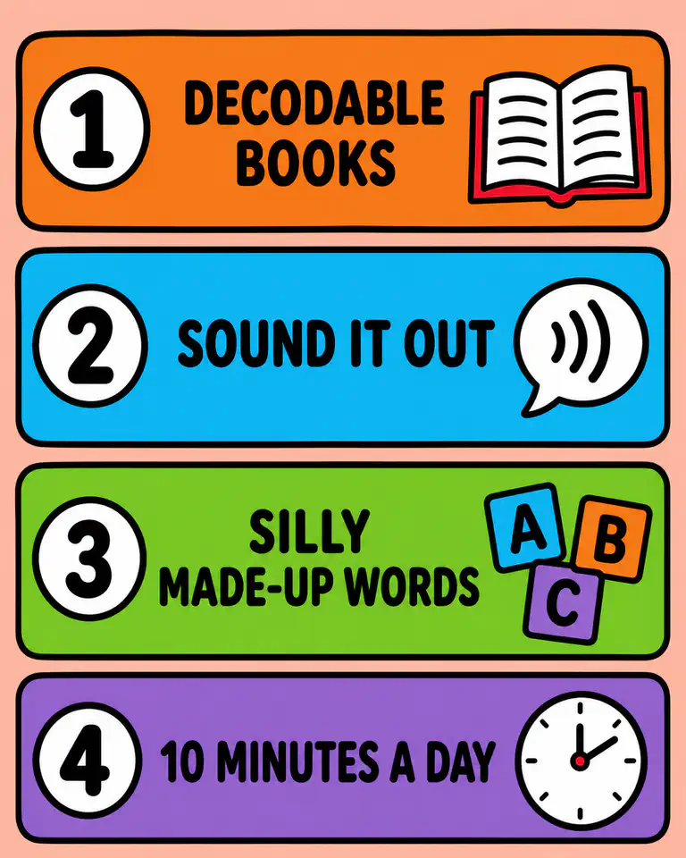 Steps for supporting phonics at home, showing decodable books, sounding out, silly words, and ten minutes daily practice
