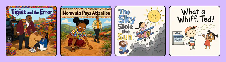 Covers of four Bookbot books for UFLI Foundations lessons: Tigist and the Error, Nomvula Pays Attention, The Sky Stole the Sun, and What a Whiff, Ted!